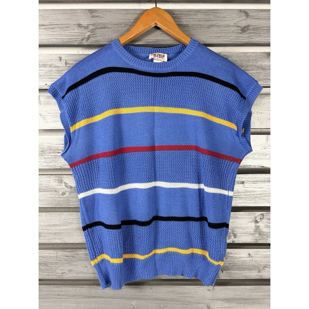 Vtg 80s Par Four Golf Sweater Vest Womens L Blue Striped Acrylic Retro Electric